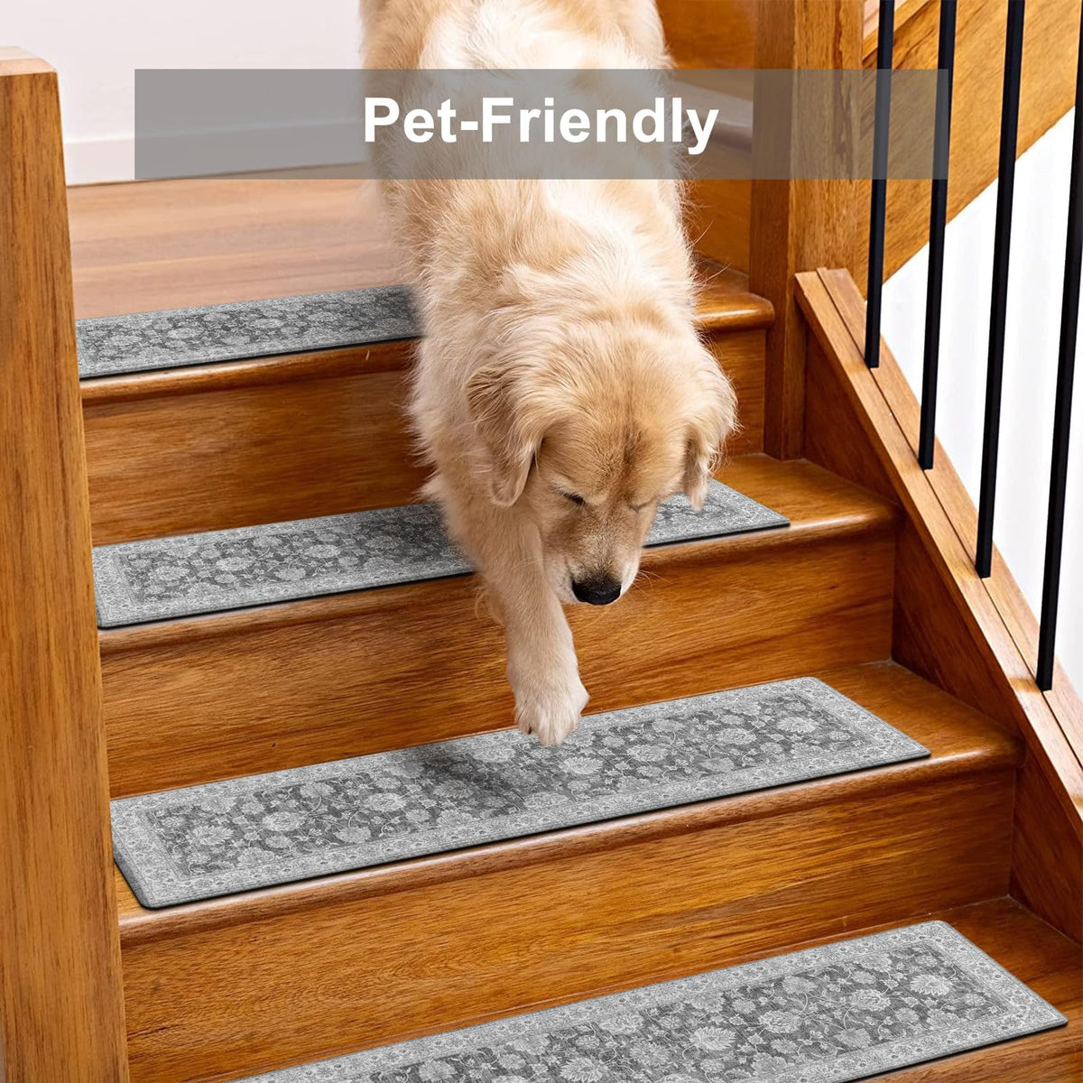 OJIA stair treads reduce stair noise for pets and people.