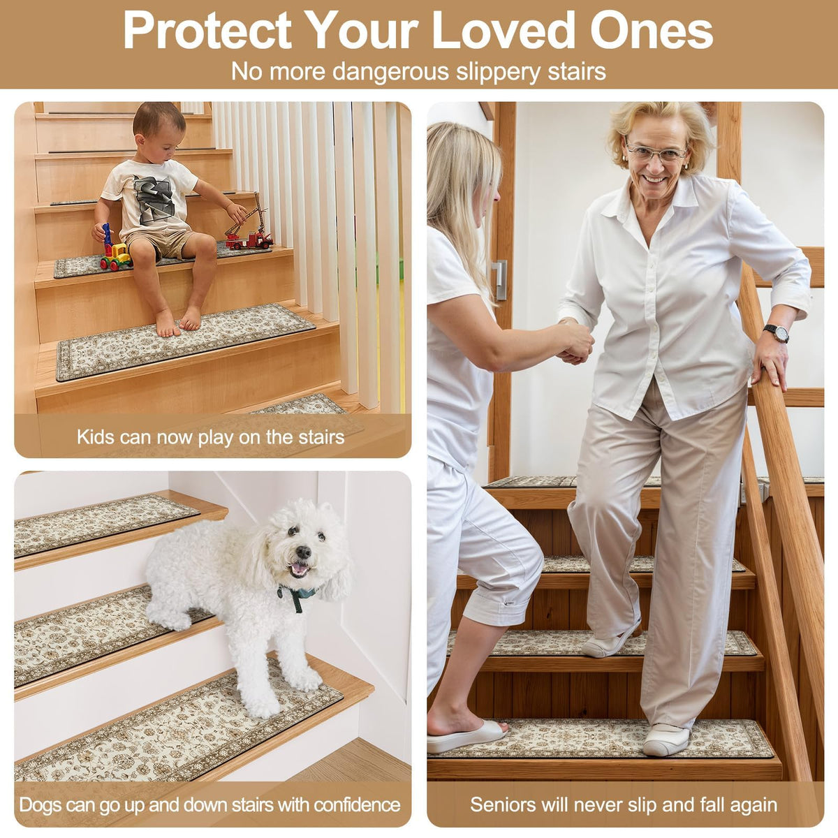 OJIA 15-piece beige stair tread set ready for installation on stairs.