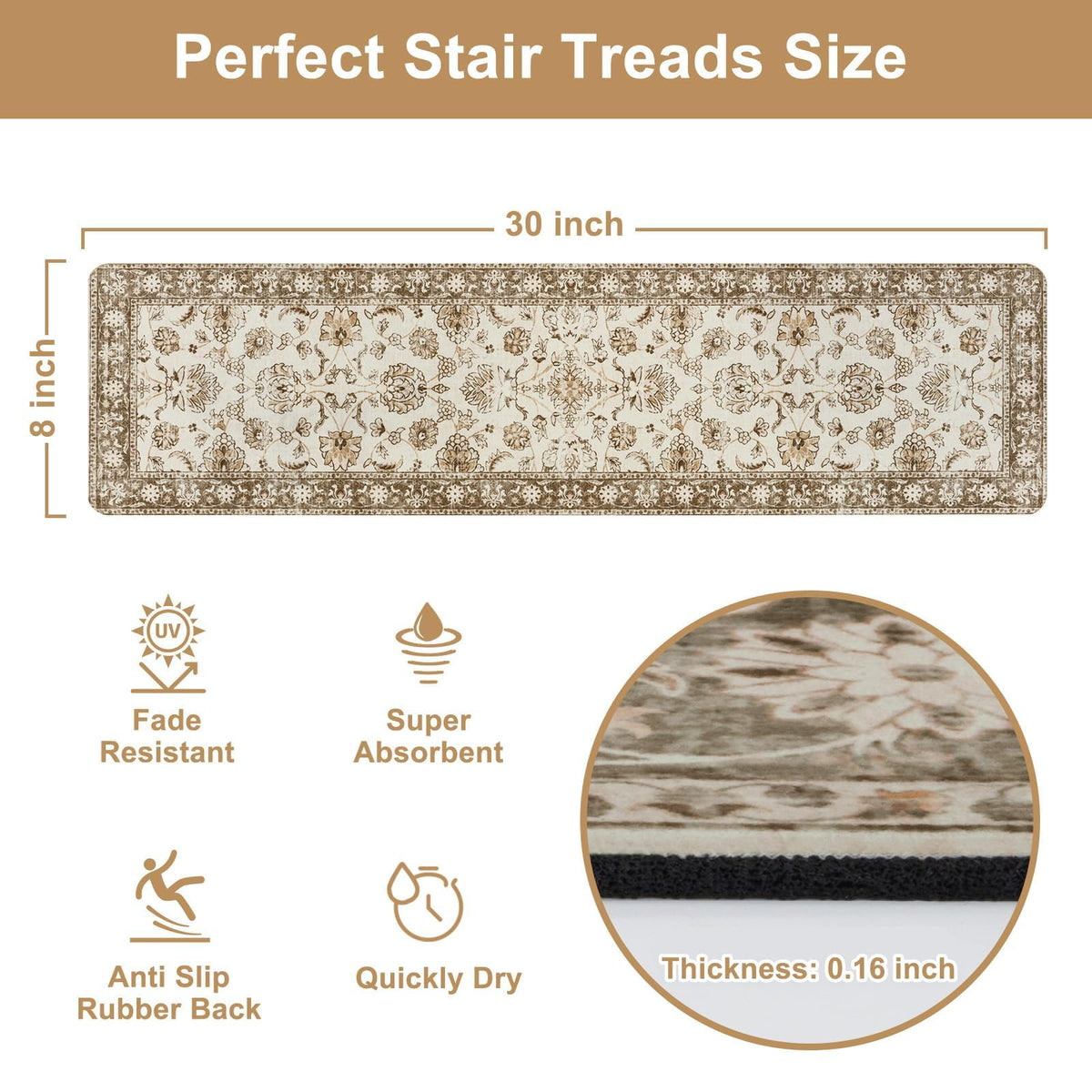 OJIA non-slip backing keeps beige stair treads secure on stairs.