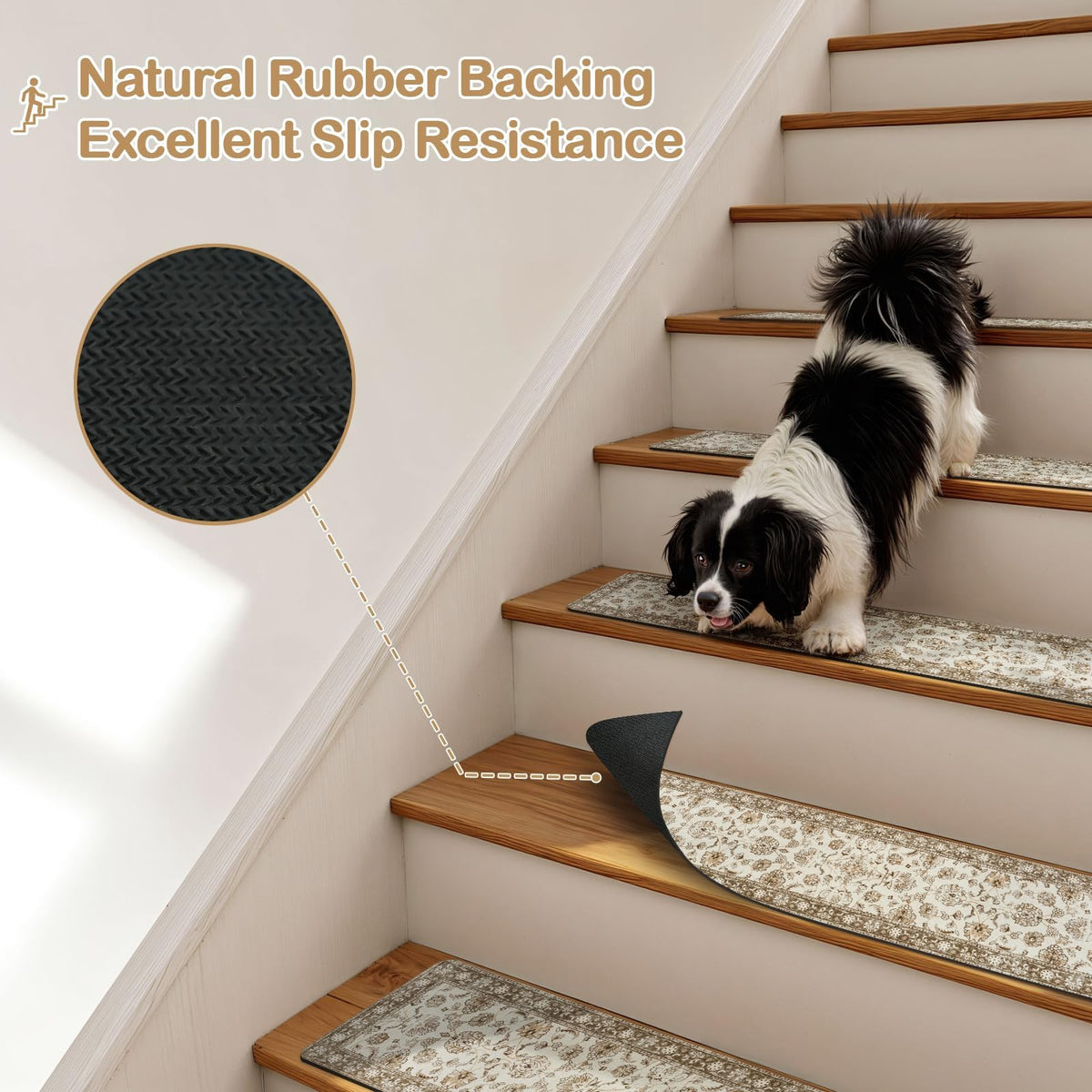 OJIA beige stair treads on steps with close-up texture for grip.