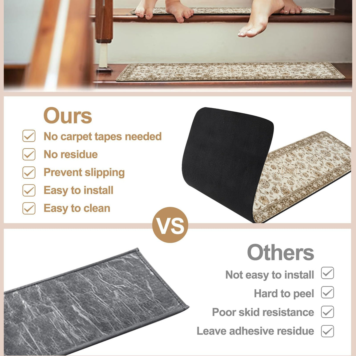 OJIA beige stair treads provide cushioned step for comfortable footing.