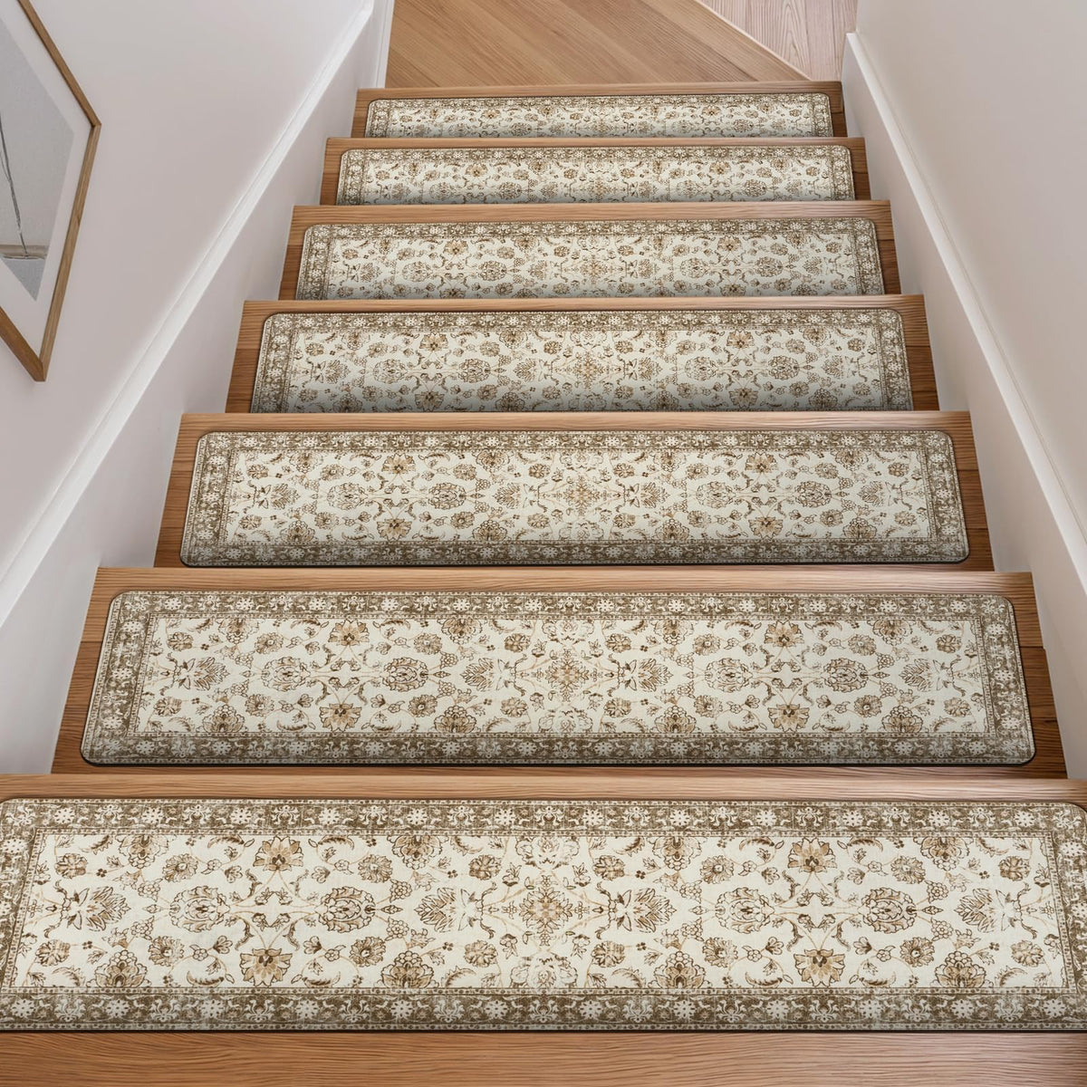 OJIA Vintage stair treads on wooden stairs show anti-slip safety for kids and pets.