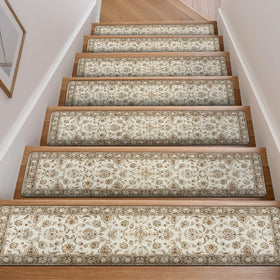 OJIA Vintage stair treads on wooden stairs show anti-slip safety for kids and pets.