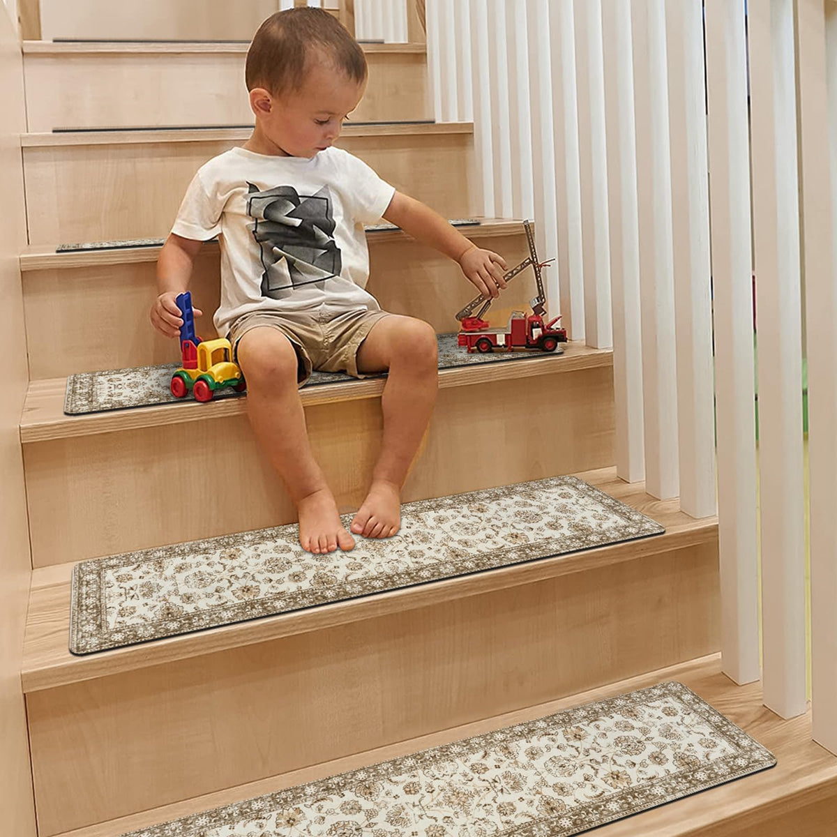 OJIA beige stair treads protect wood paint and minimize scratches.