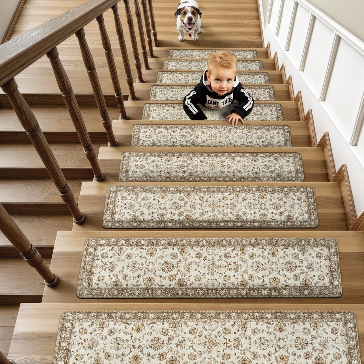 OJIA beige stair treads keep stairs quiet with reduced impact sounds.