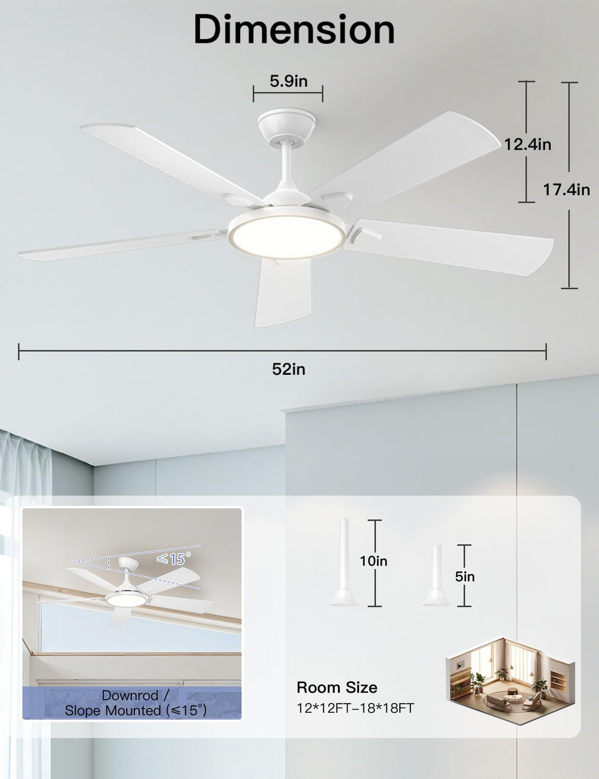 OJX ceiling fan installation on a sloped ceiling up to 15 degrees.