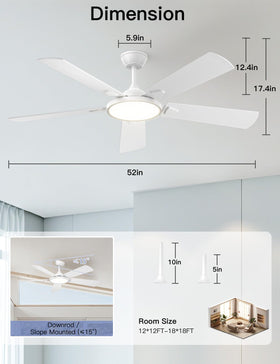 OJX ceiling fan installation on a sloped ceiling up to 15 degrees.