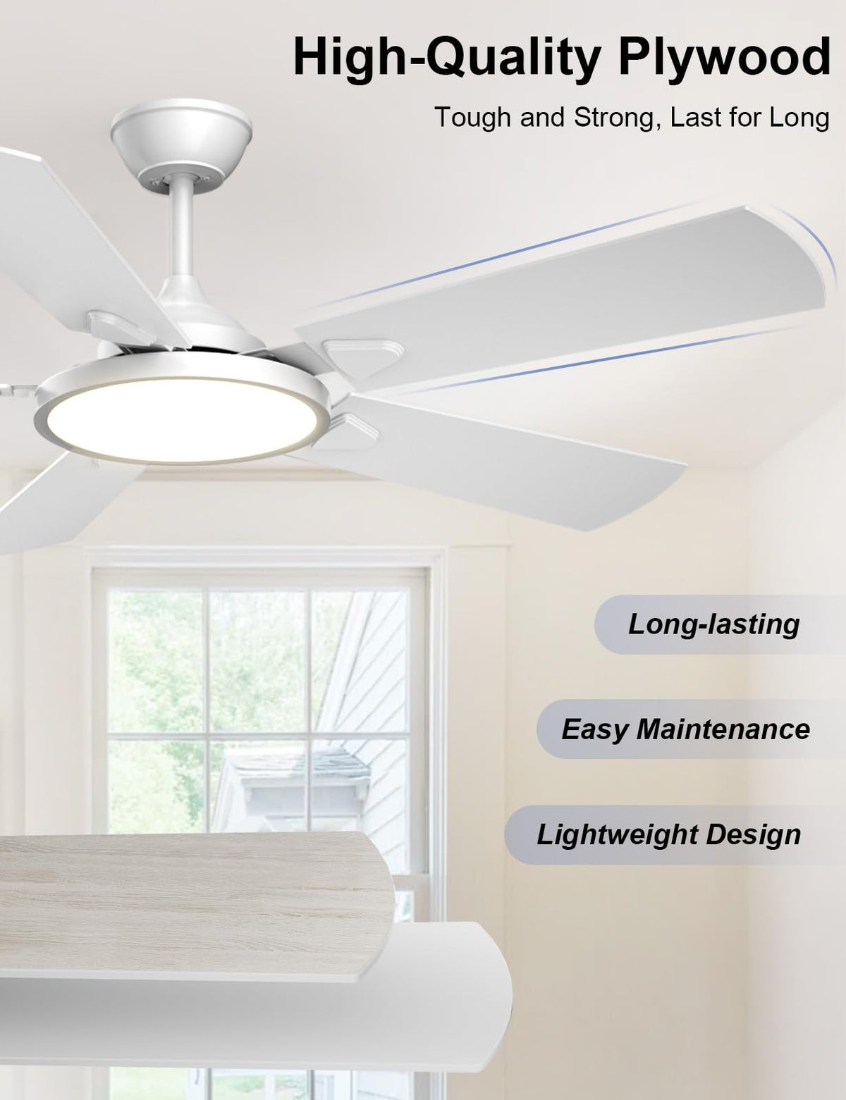 OJX ceiling fan with interchangeable pull-down rods for flexible mounting.
