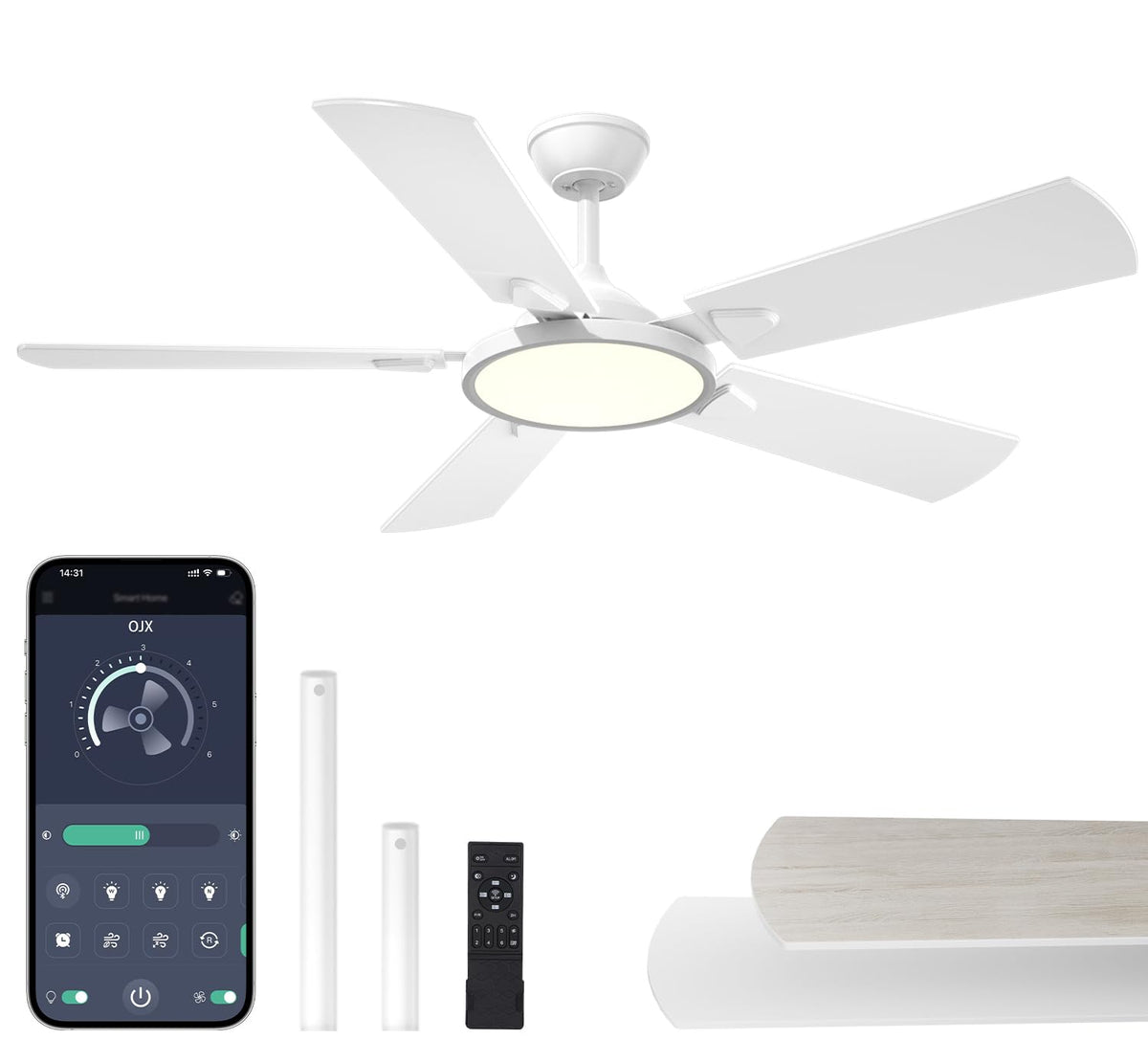 OJX ceiling fan with light front view, sleek black housing offers modern style.
