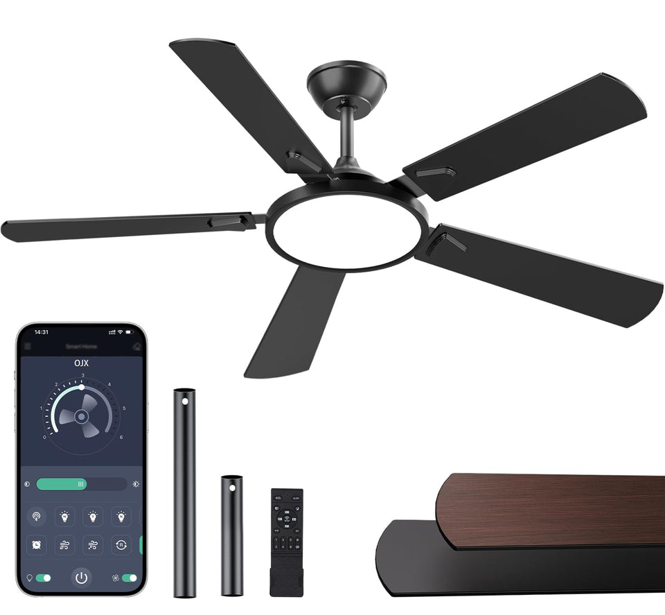 OJX 52-inch ceiling fan with lights showing remote control for easy room comfort.