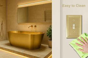 Kitchen and bathroom setups benefit from the warm brushed-brass finish.