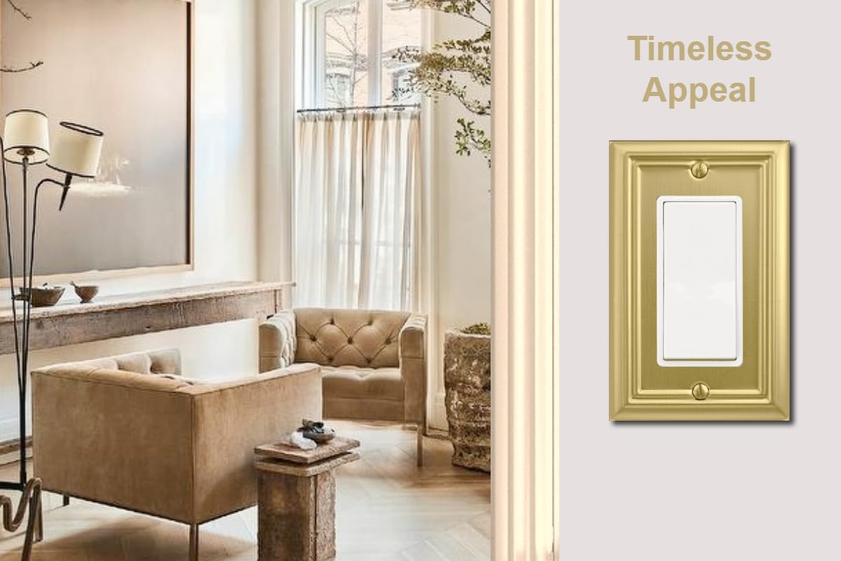 OKAWYC Adler brushed brass wall plate mounted on a single rocker switch for a seamless look