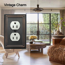 OKAWYC Adler wall plate enhances living room style with coordinating hardware.