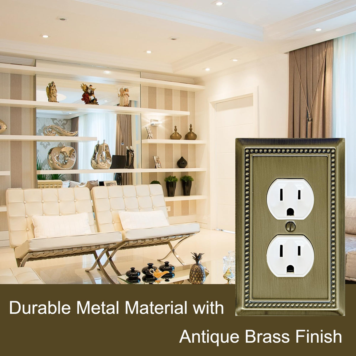 OKAWYC Belaire receptacle cover in antique brass complements living room and kitchen decor
