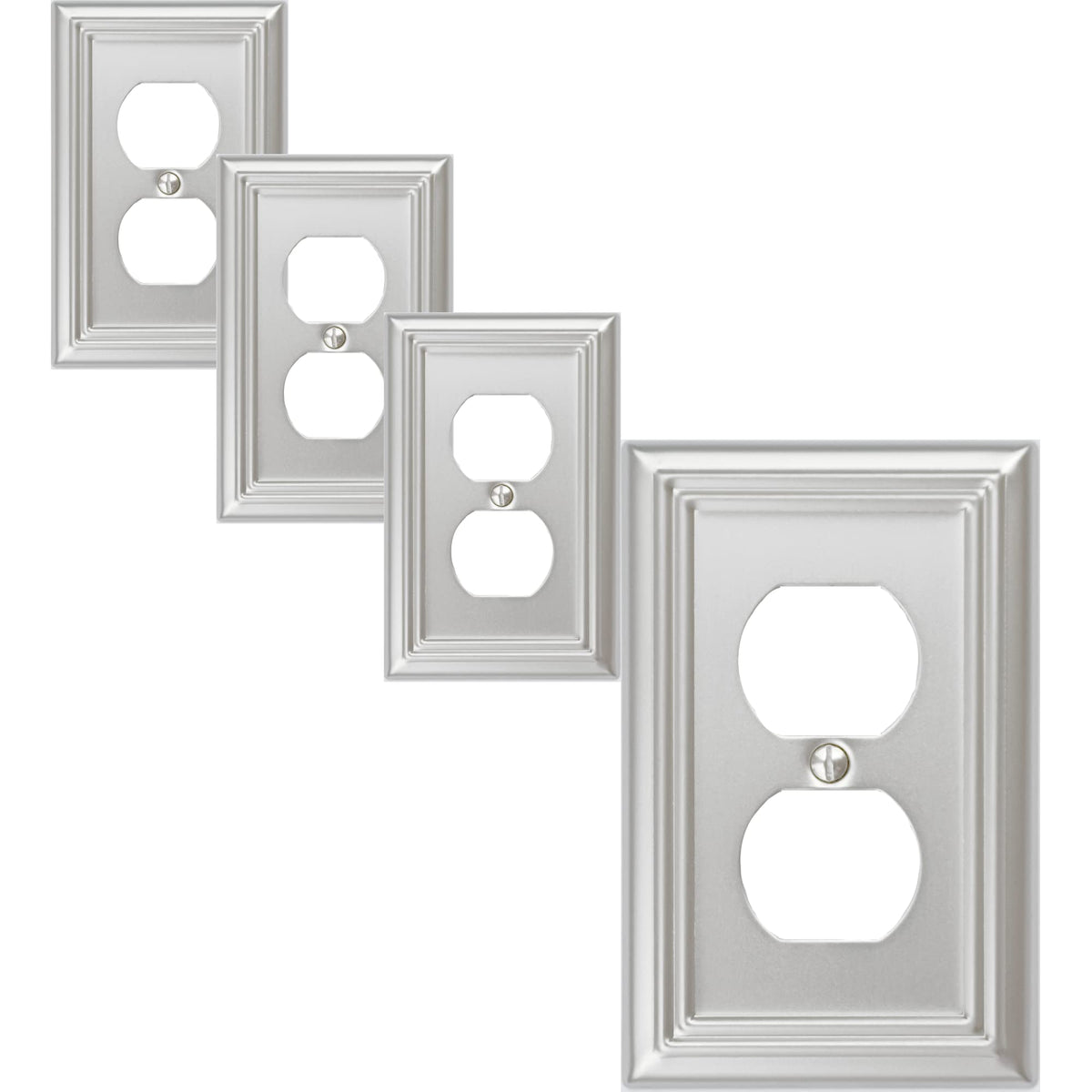 OKAWYC single duplex outlet cover plate in brushed nickel for 1-gang boxes, elevates decor.