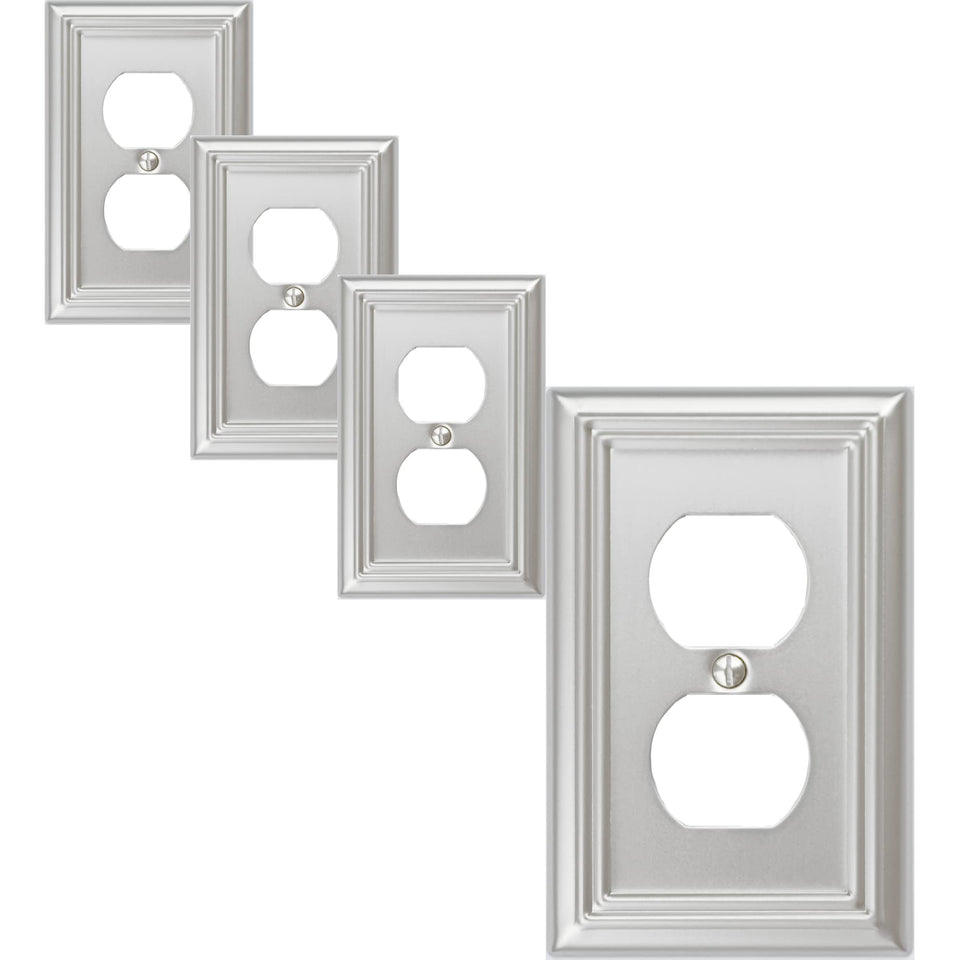 OKAWYC single duplex outlet cover plate in brushed nickel for 1-gang boxes, elevates decor.