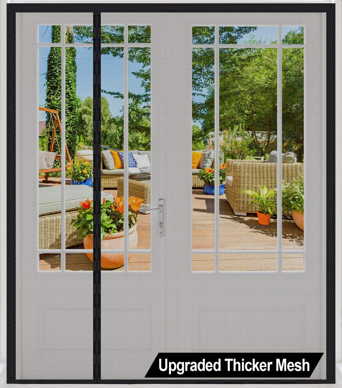 Okayavo magnetic screen door close-up shows heavy-duty mesh texture for year-round use.