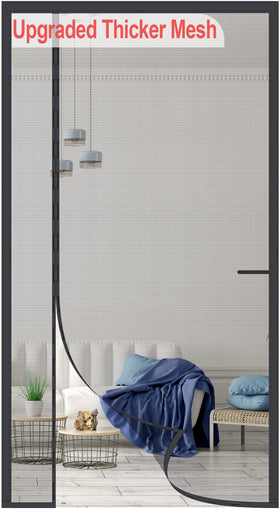 Okayavo upgraded magnetic screen door close-up shows 255gsm reinforced mesh for durability and tear resistance.