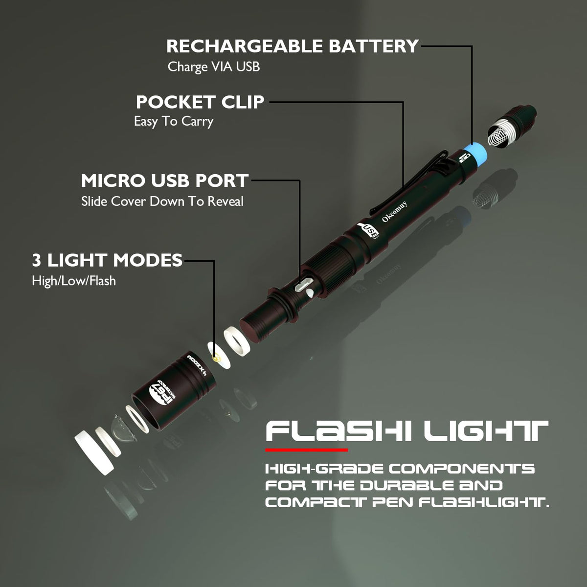 okcomuy IP67 waterproof LED pen light withstands water exposure for wet environments.