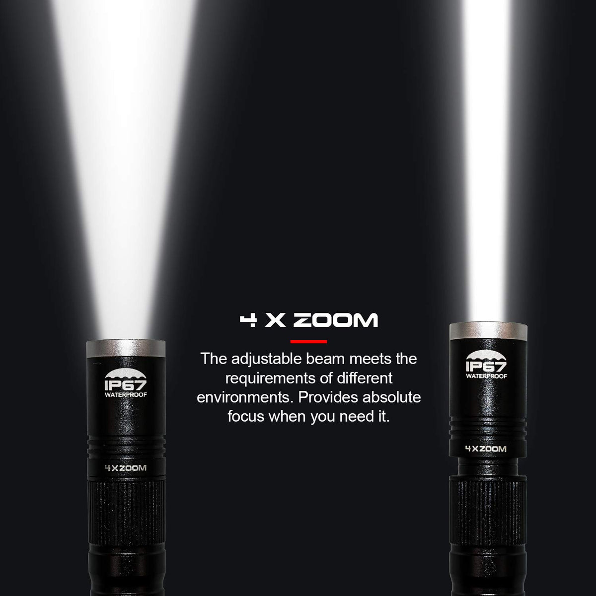 okcomuy LED pen light with 4x zoom for versatile beam from wide to narrow.