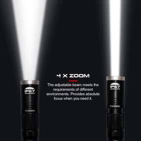 okcomuy LED pen light with 4x zoom for versatile beam from wide to narrow.