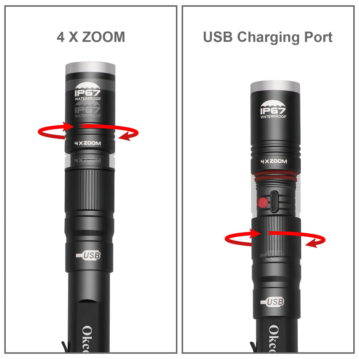 okcomuy rechargeable LED pen light with USB recharge for convenient charging anywhere.