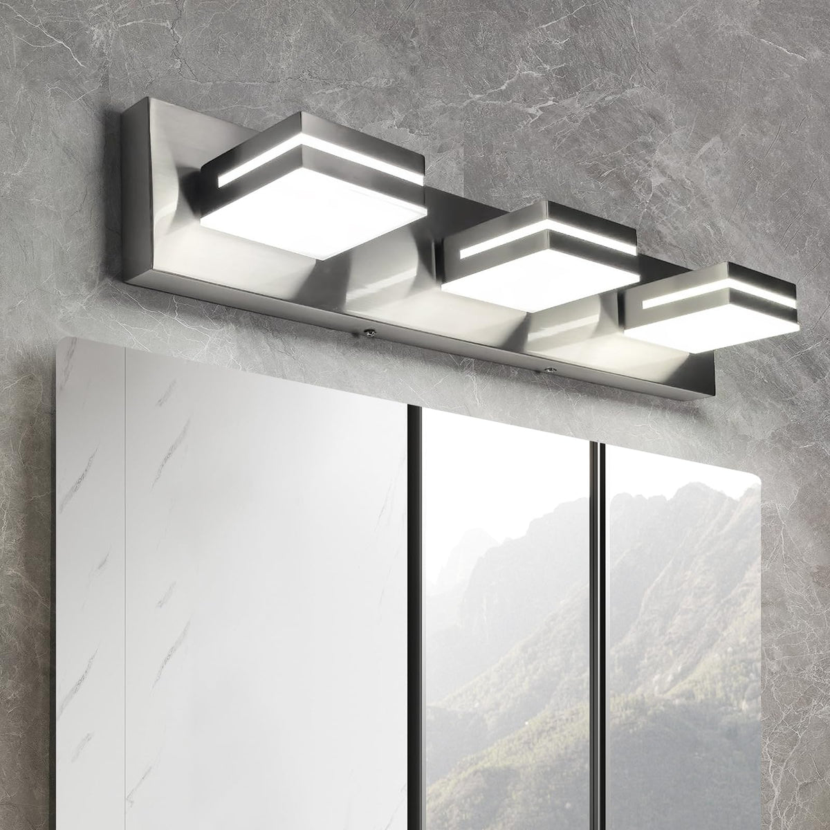 OKELI 3-light vanity light over mirror with brushed nickel finish for a sleek bathroom style