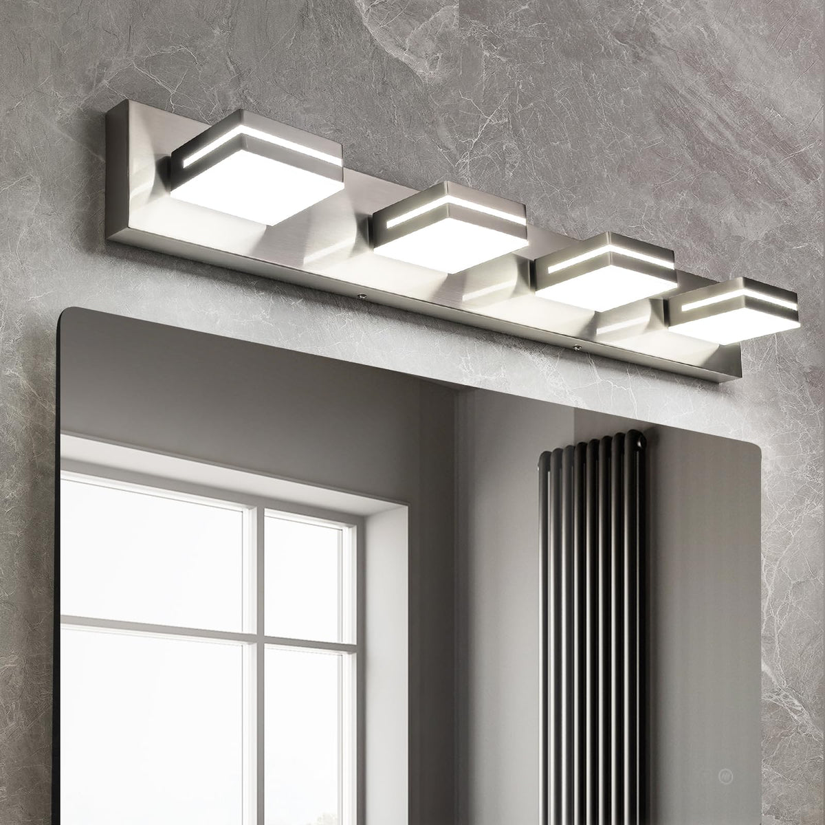 OKELI 4-light vanity light in brushed nickel over mirror for clear task lighting