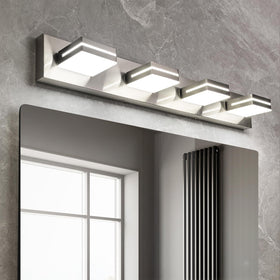 OKELI 4-light vanity light in brushed nickel over mirror for clear task lighting