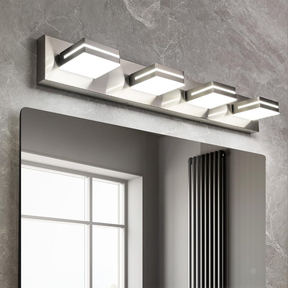 OKELI 4-light vanity light in brushed nickel over mirror for clear task lighting