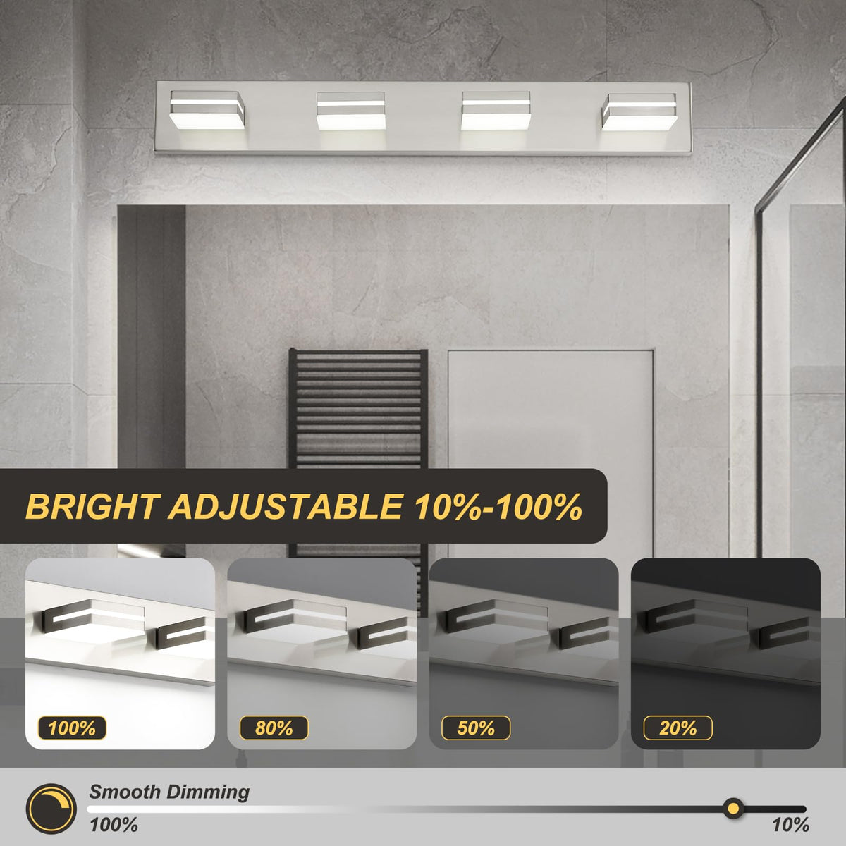OKELI brushed nickel vanity light with acrylic diffusers diffusing glare