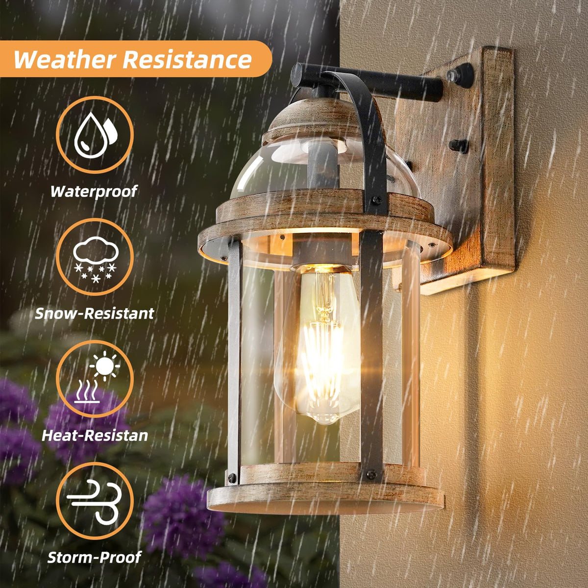 OKELI Dusk to Dawn clear glass shade close-up showcases warm glow.