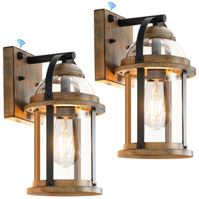 OKELI dusk to dawn outdoor wall light with wood grain finish for durable porch lighting