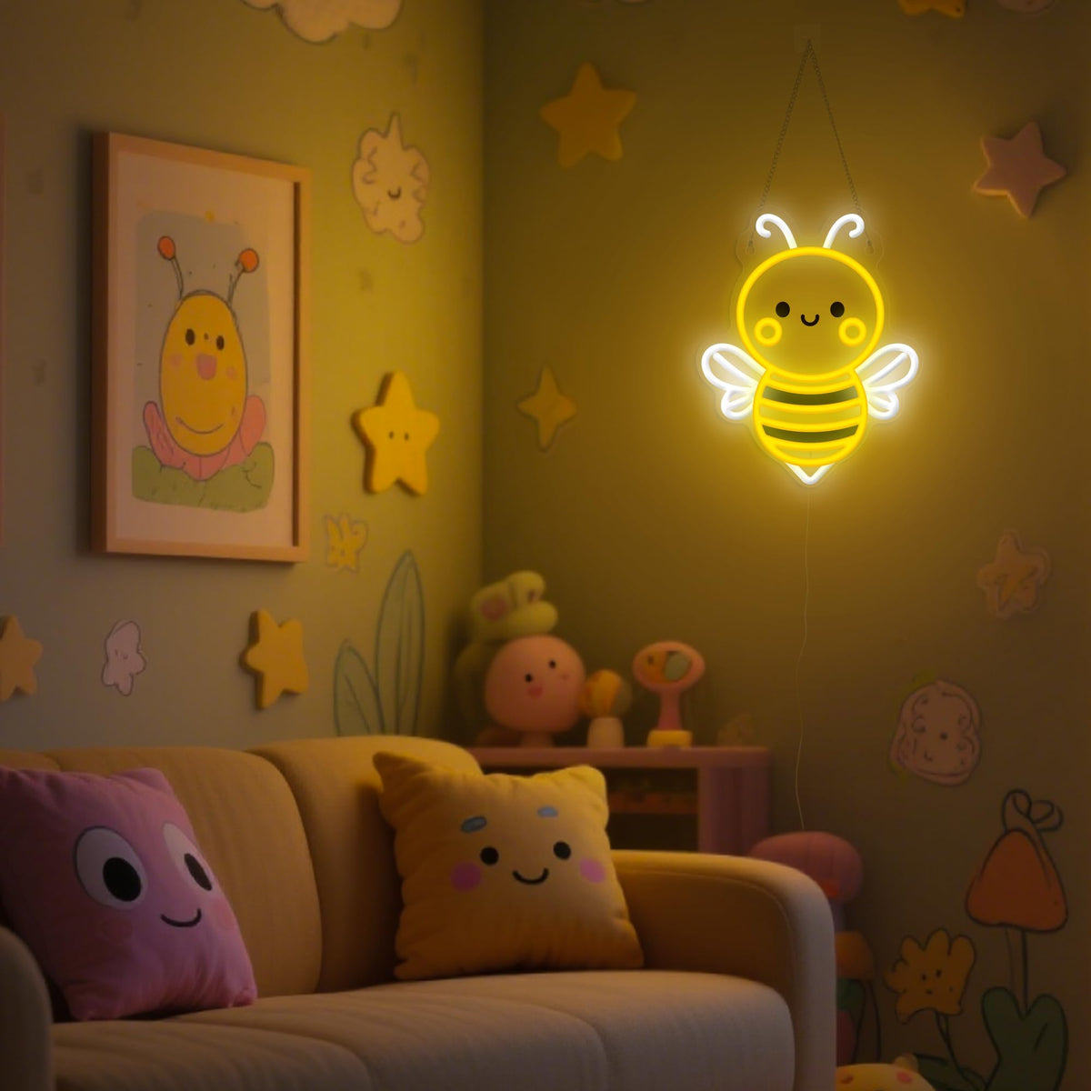 OkiyiD Bee Neon Sign bedroom decor with warm, inviting glow.