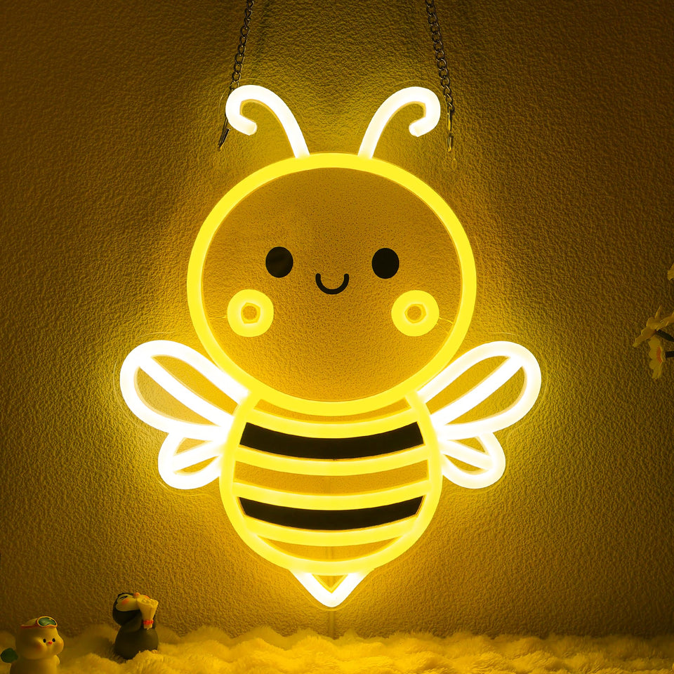 OkiyiD Bee Neon Sign wall art on wall for focal ambient lighting.