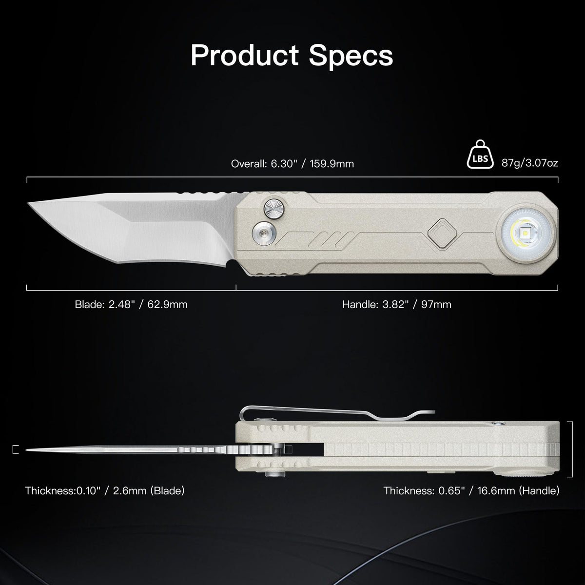 Desert White anodized handle on OKNIFE LK offers durable, ergonomic grip.