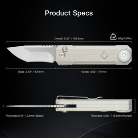 Desert White anodized handle on OKNIFE LK offers durable, ergonomic grip.
