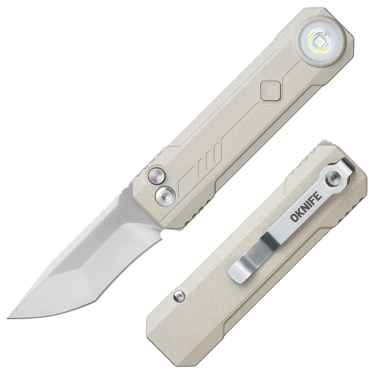 OKNIFE LK folding knife with integrated flashlight for everyday carry.