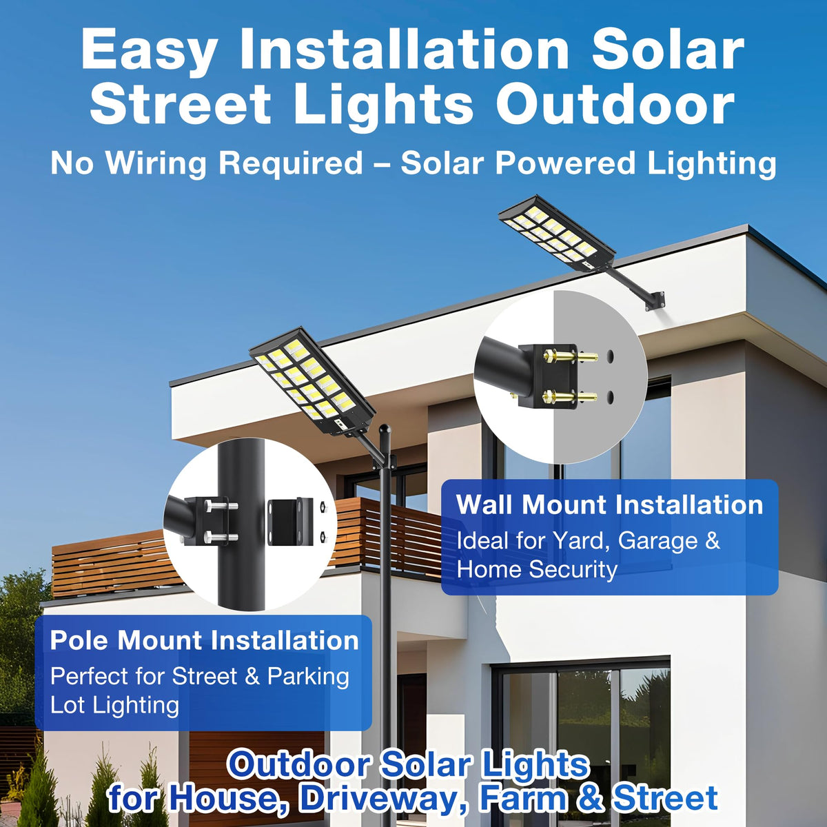 OKPRO 8000W pole-mount installation shows quick, tool-free setup on walls or poles.