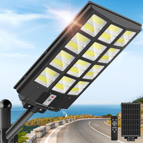 OKPRO 8000W solar street light front view showing wide area coverage for parking lots.