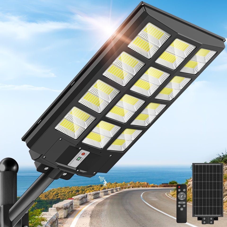 OKPRO 8000W solar street light front view showing wide area coverage for parking lots.