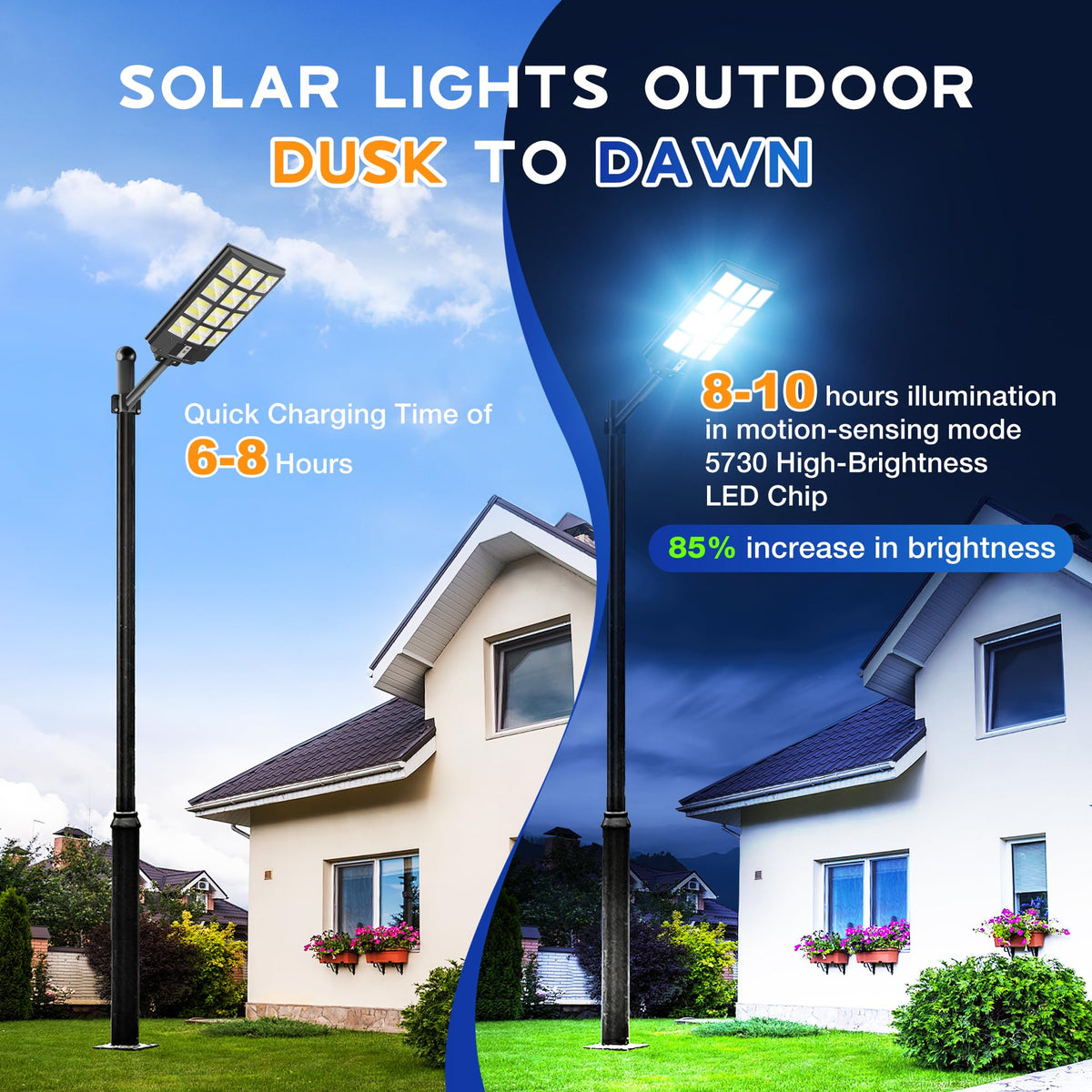OKPRO 8000W solar street light with remote control for mode customization.