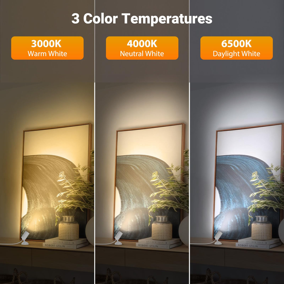 Olafus 3-color temperature spotlight displays warm to cool tones for mood lighting.
