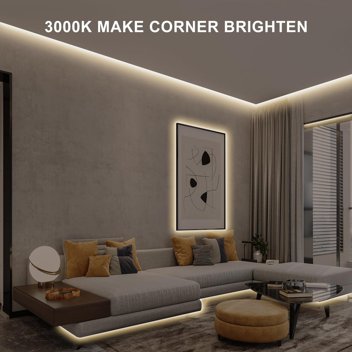 Dense 1600 LED COB strip provides smooth, even warm lighting