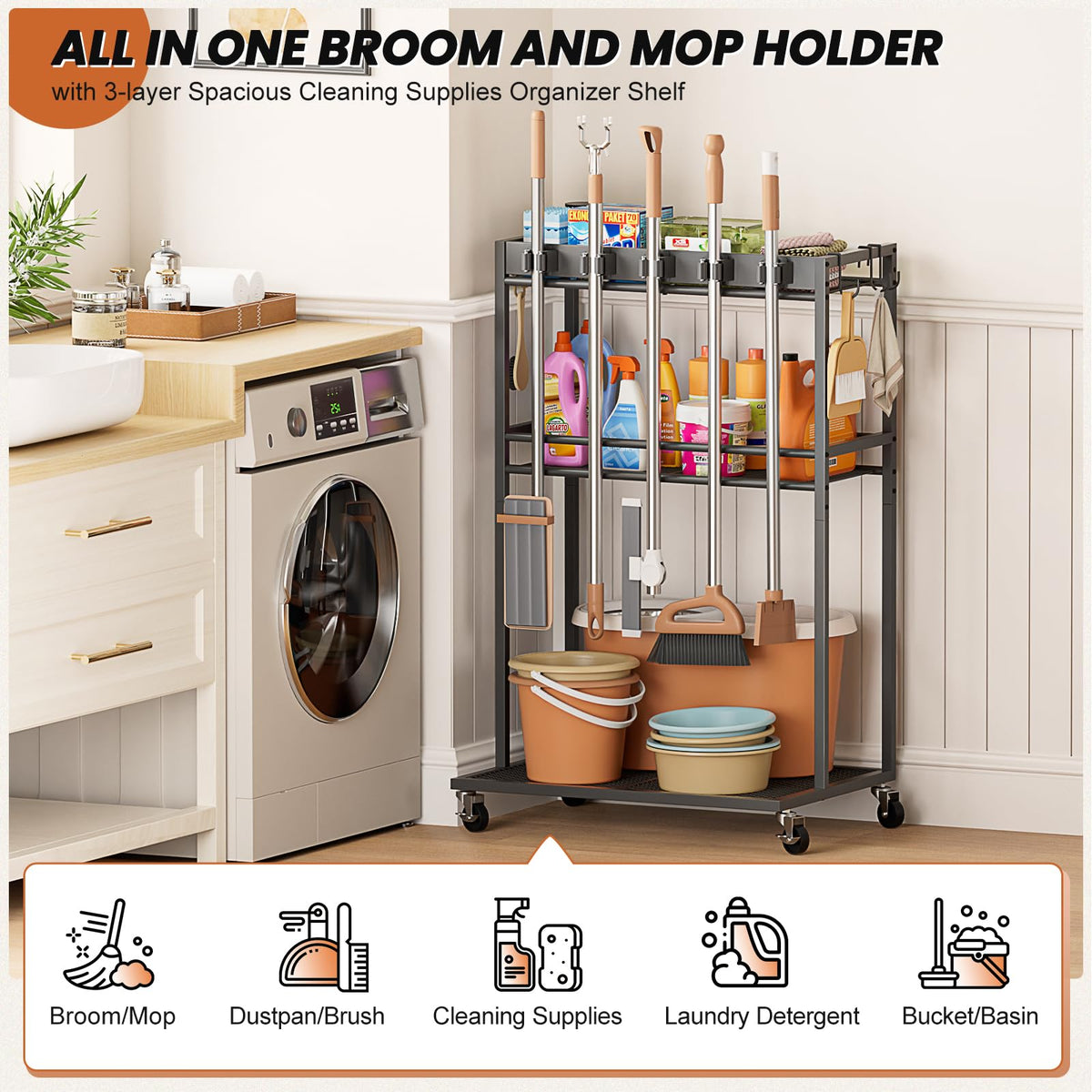 Olakee two tier shelves with guardrails store sprays securely for easy access.