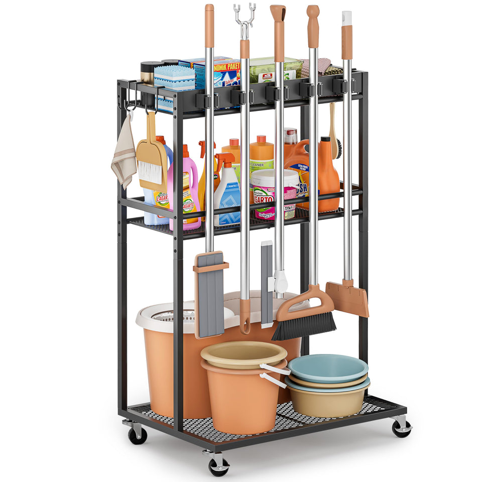 Olakee broom holder with cleaning caddy keeps tools organized and within reach.