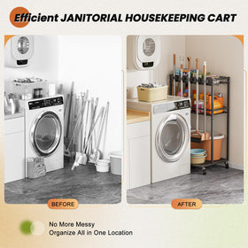 Olakee compact design saves floor space while holding many supplies.