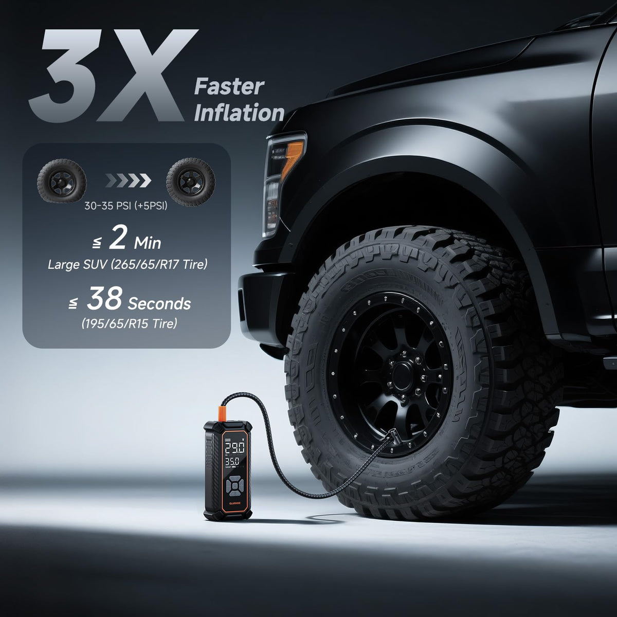 OlarHike air pump digital pressure gauge shows precise readings for inflation.