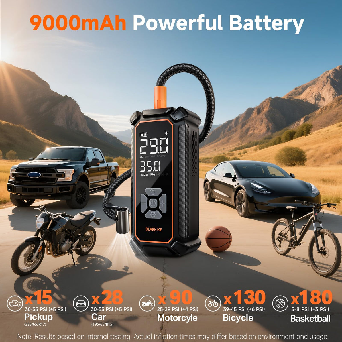 OlarHike auto shut-off prevents over-inflation at your target PSI.