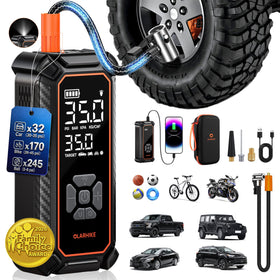 OlarHike cordless tire inflator with battery pack enables on-the-go tire top-offs.